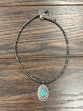 Natural Turquoise Concho Necklace Silver Tone Western Cowgirl Boho Jewelry